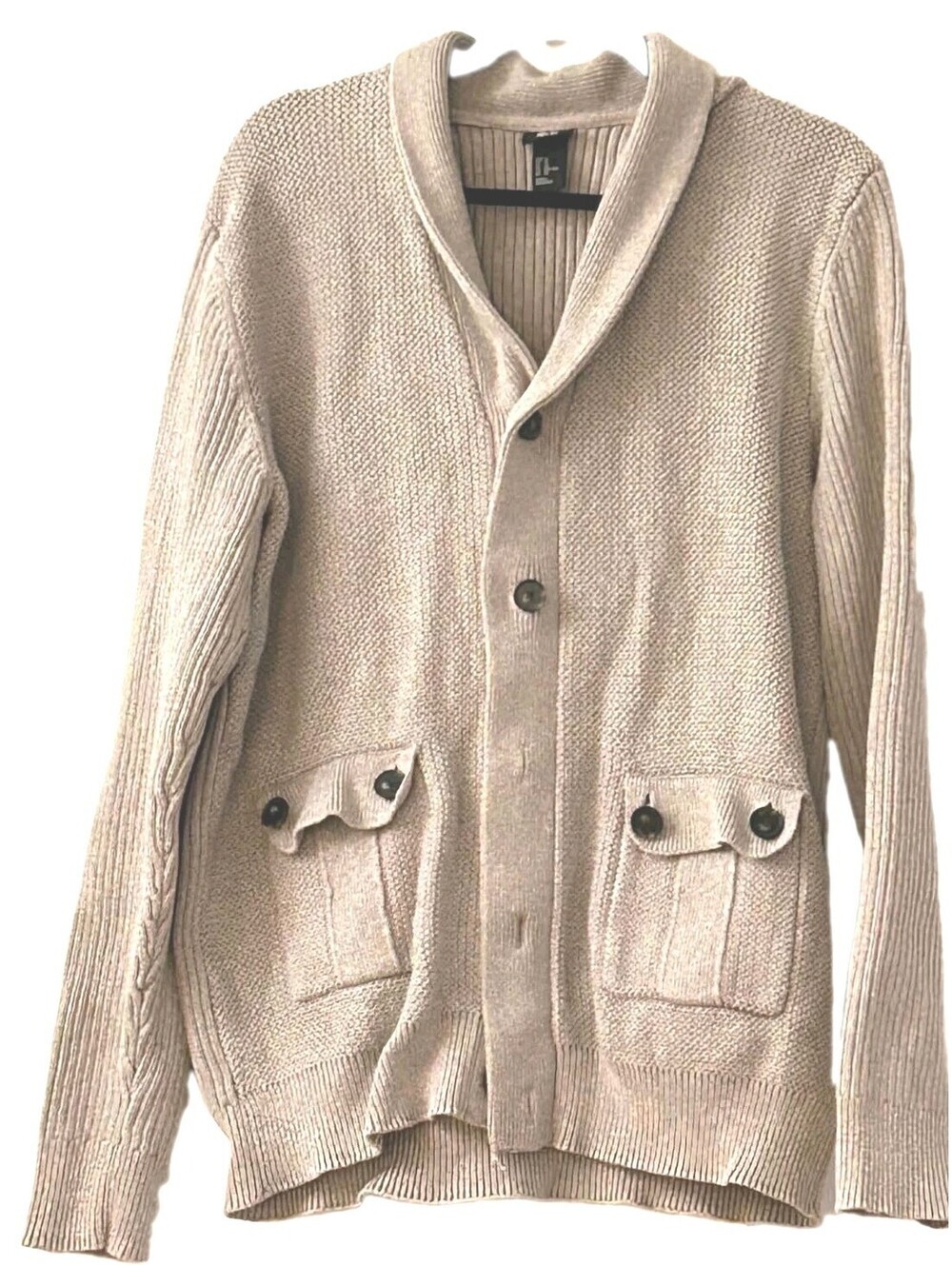 H&M Men's Size XL Chunky Knit Shawl Collar Cardigan Sweater Beige Oatmeal Heavy